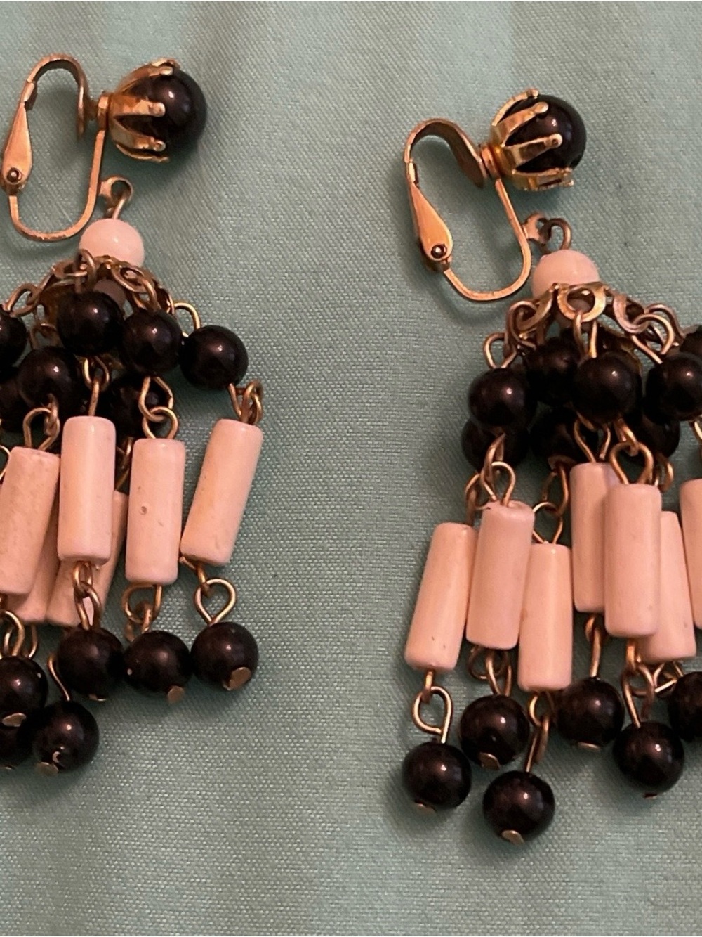 Vintage Gold-Tone Black and Cream Bead Tassel Clip-On Earrings